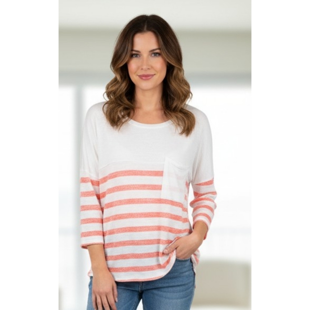 Flamingo Urban 3/4 Sleeve Striped tee White & Pink Size L